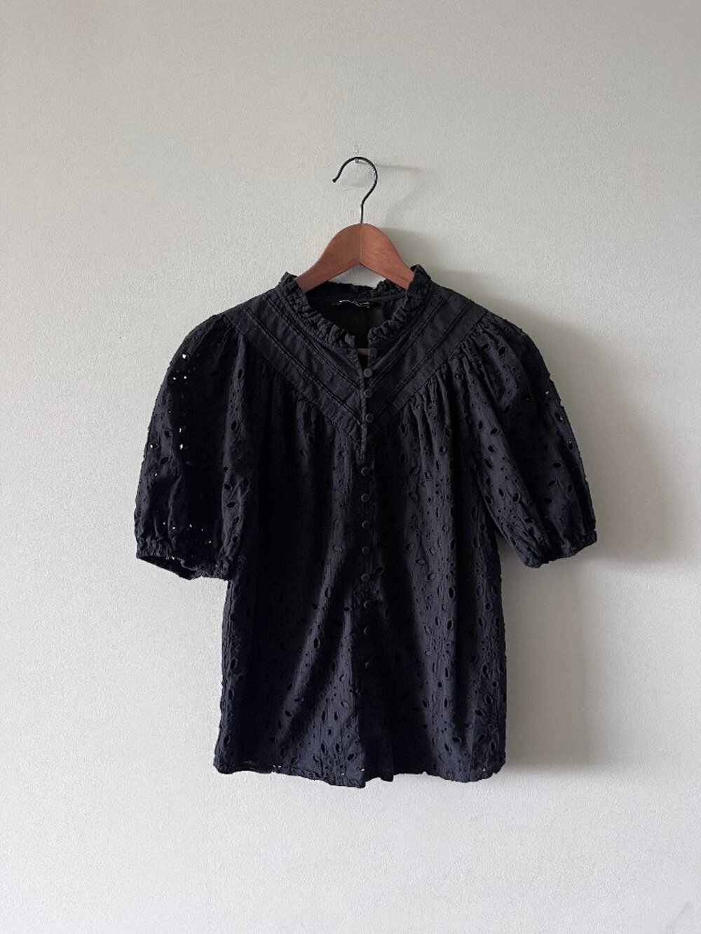 PrettyGarden Eyelet Short Sleeve Top - Black - S